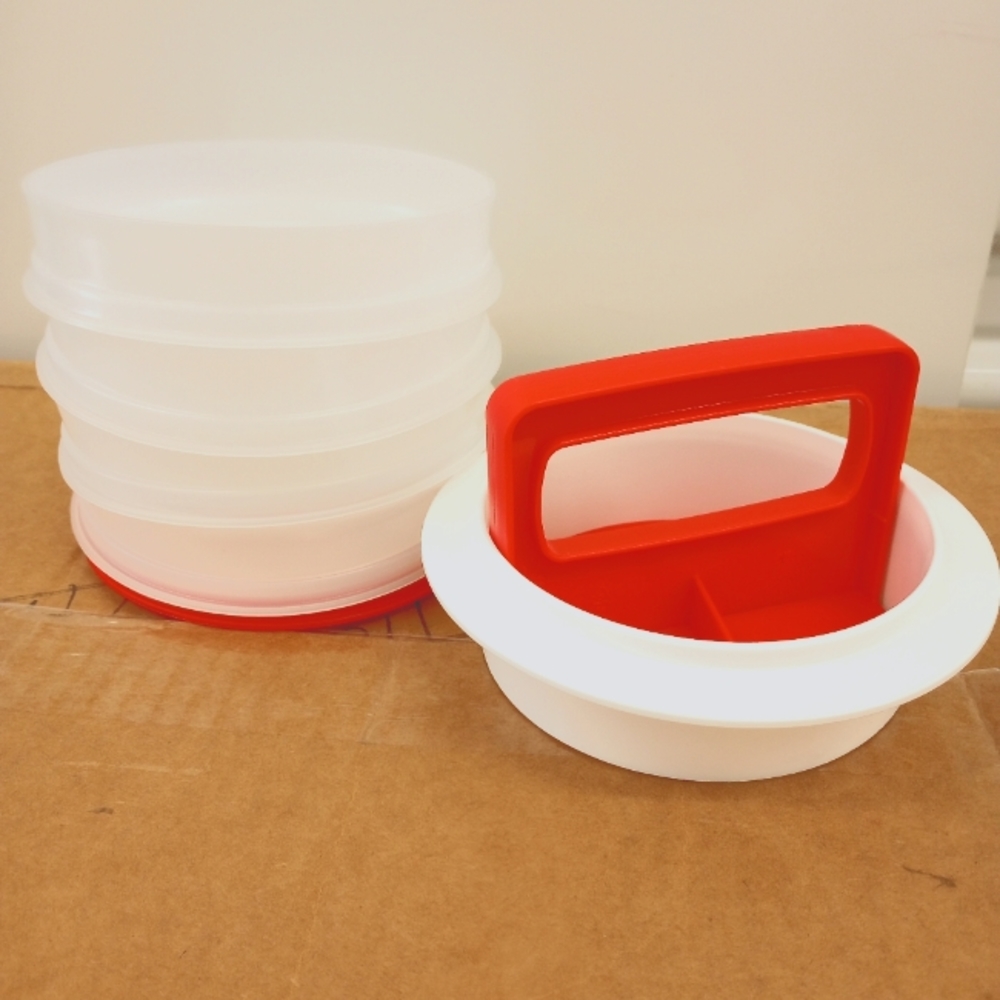Tupperware burger press & containers